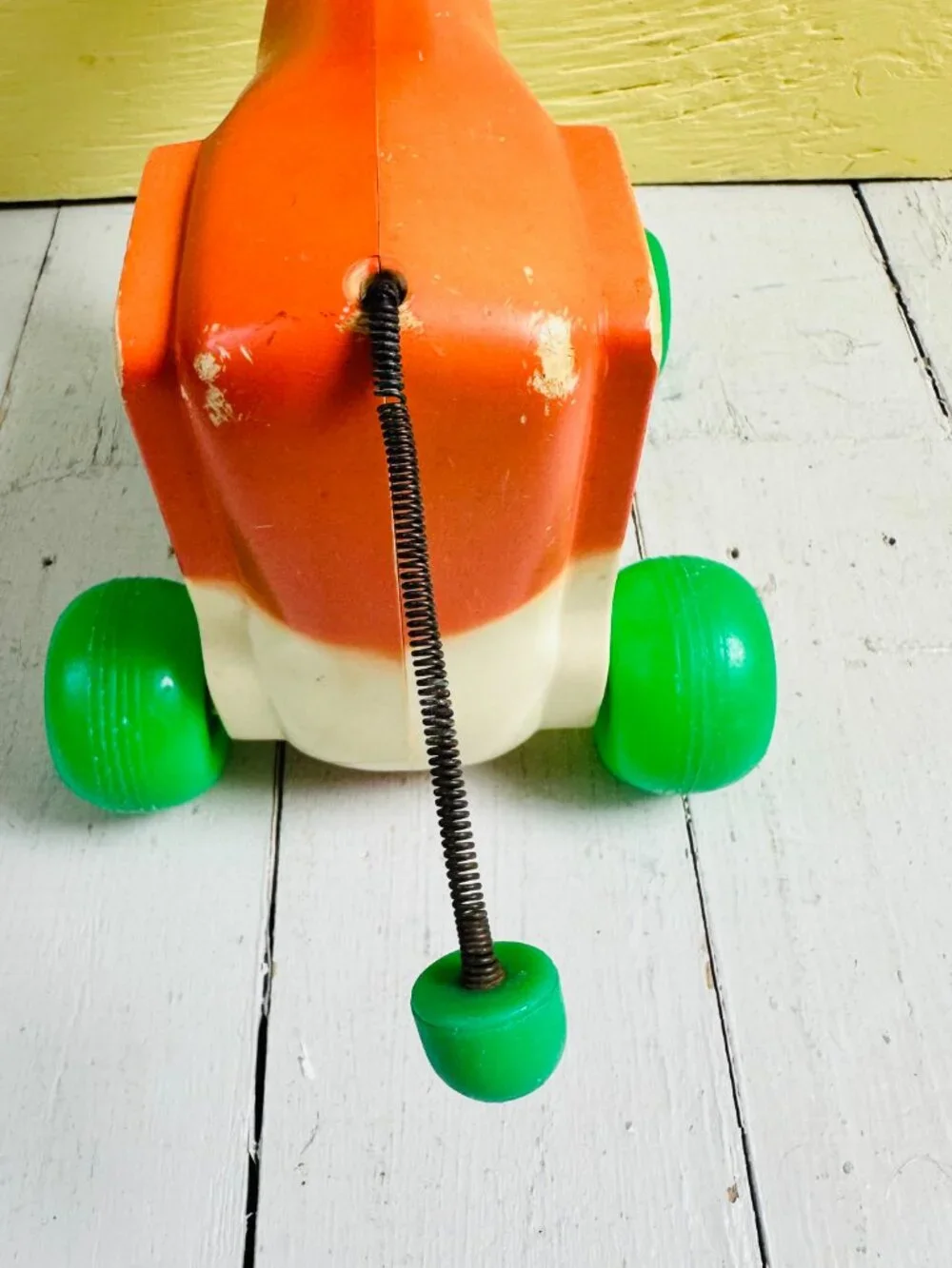 Vintage 1972 Fisher-Price Molly Moo Cow #132 Pull Toy Green Wheels USA